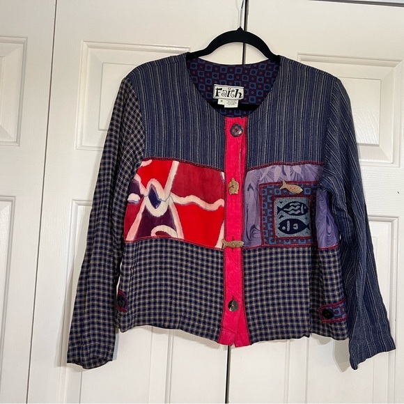 Vintage Faith Patchwork Fish Blazer Jacket Wooden Buttons Size Medium Cropped - Picture 3 of 9